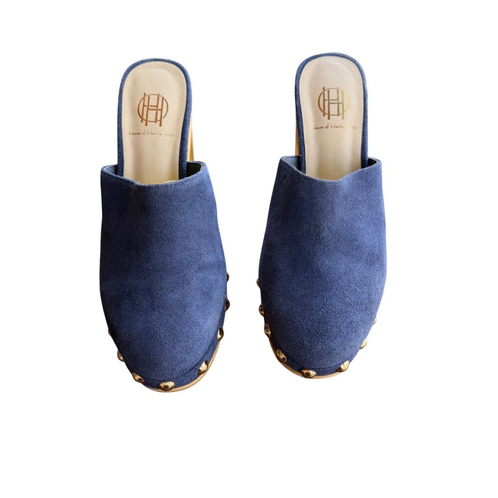 House Of Harlow 1960 x REVOLVE Cut Out Blue Suede Clogs With Wooden Heels & Gold - Picture 2 of 8